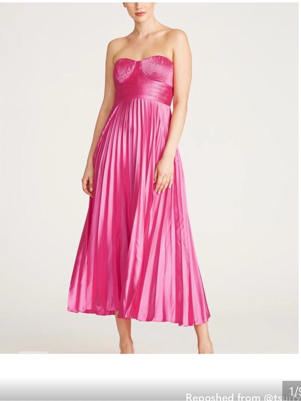 AMUR Strapless Pleated Midi Dress in Hot Pink | Size 4